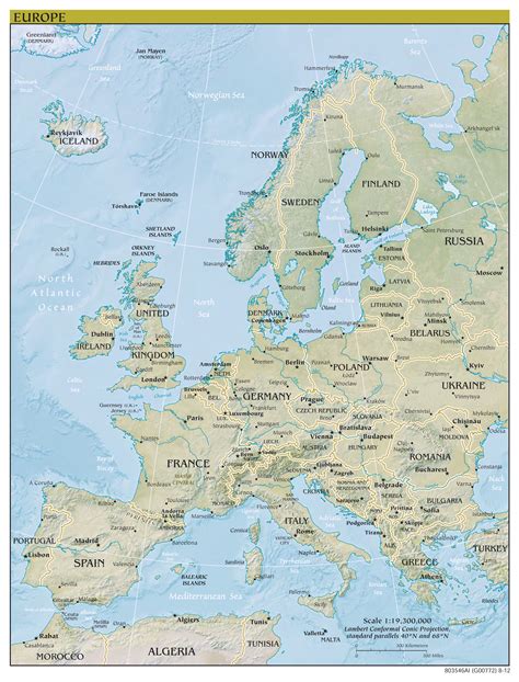 Large detailed political map of Europe with capitols and major cities