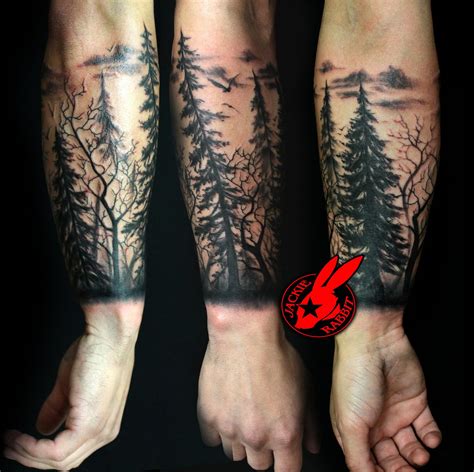 Black Pine tree silhouettes turning into soundwave tattoo