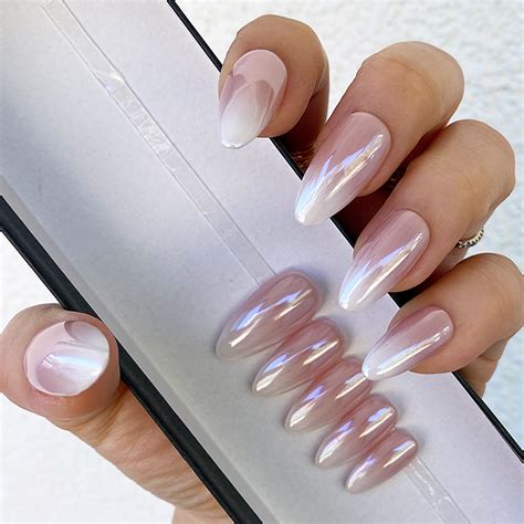 Chrome French Nails Light Pink Short Square Nail Glossy Glitter Pre