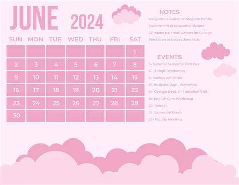 Pink June Calendar