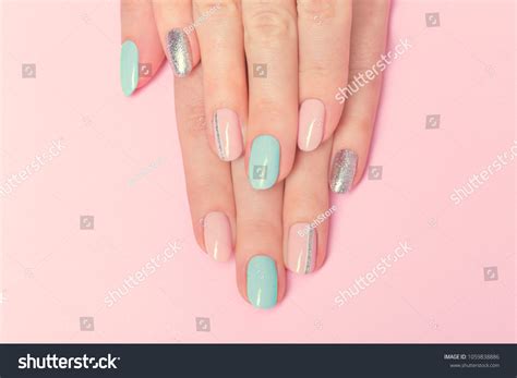 Pink Blue Manicure Design Silver