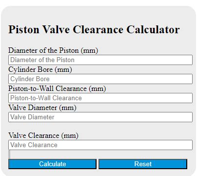 Piston to Valve Clearance Calculator: Ensure Optimal Engine Performance with Accuracy