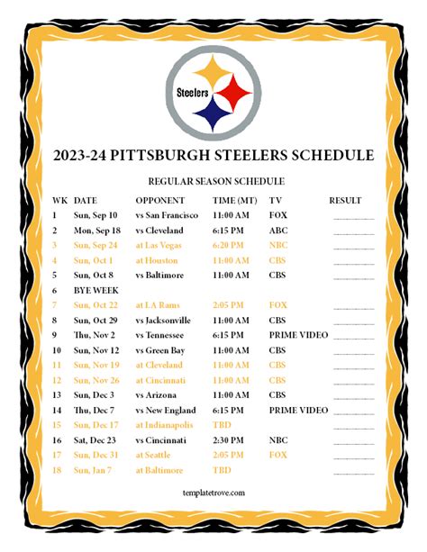 Pittsburgh Steelers Printable Schedule 2023