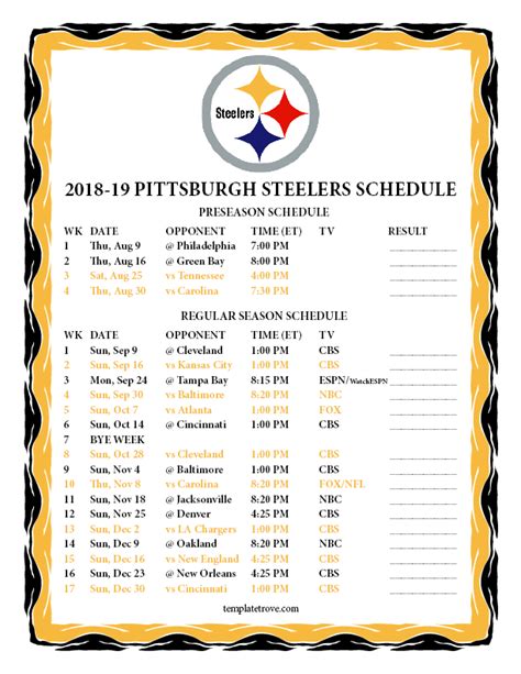 Pittsburgh Steelers Printable Schedule