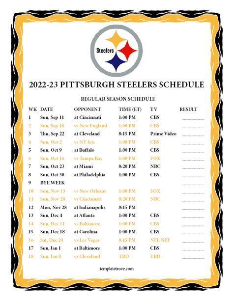 Pittsburgh Steelers Printable Schedule 2022