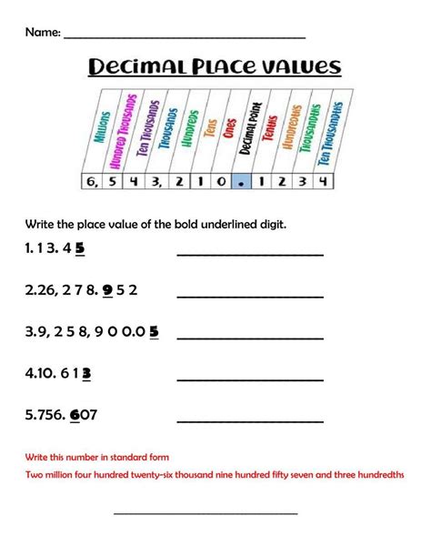Place Value Decimals Worksheets
