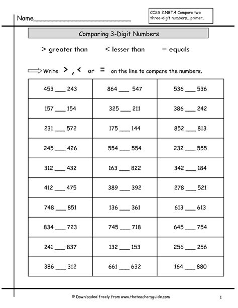 Place Value Comparing Numbers Worksheet