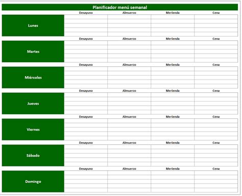 Plantilla Menu Semanal Excel