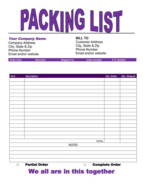Plantilla Packing List Word