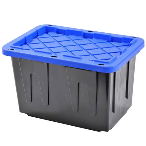 Plastic Heavy Duty Storage Tote Box, 15 Gallon, Black With Red Snap Lid