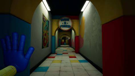 Image of a dark and eerie hallway in the Playtime Co. factory.