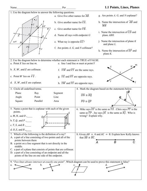 Understanding Points Lines And Planes Exercise 1 Worksheet Answer Key