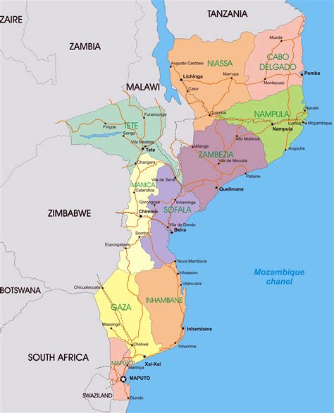 Mozambique Political Map with capital Maputo, with national borders