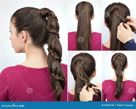Pony Tail With Braid Hairstyle Tutorial Stock Photo Image Of