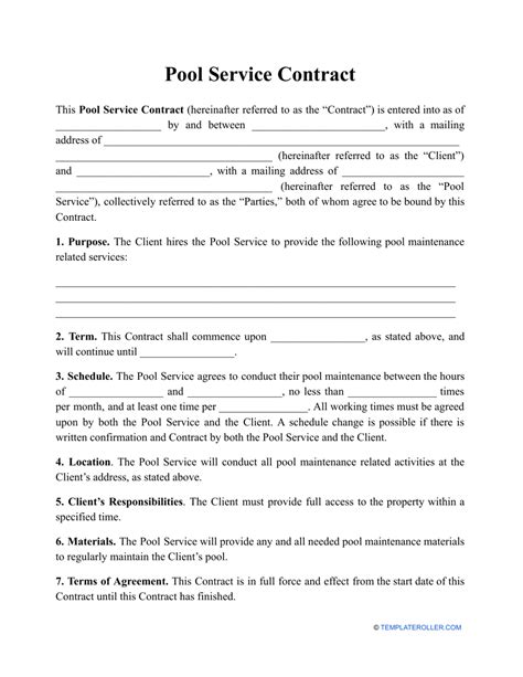 Swimming Pool maintenance contract print in pdf