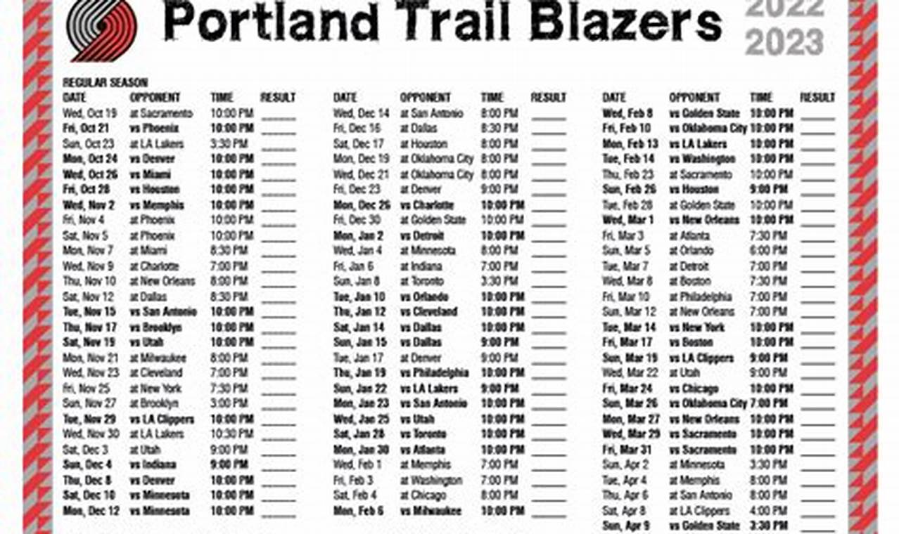 Portland Trail Blazers 2024-2024 Schedule Printable