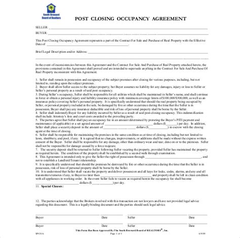 Post Closing Occupancy Agreement Template