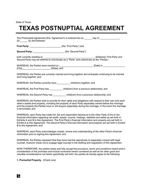 Postnuptial Agreement Texas Template