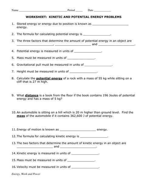 Potential Energy Problems Worksheet