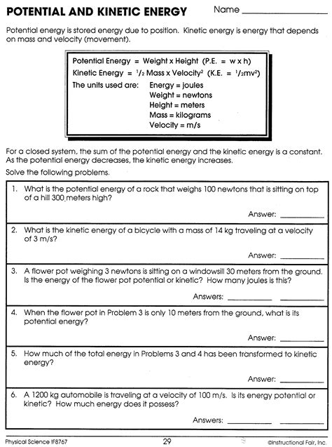 Potential And Kinetic Energy Worksheets With Answer Key