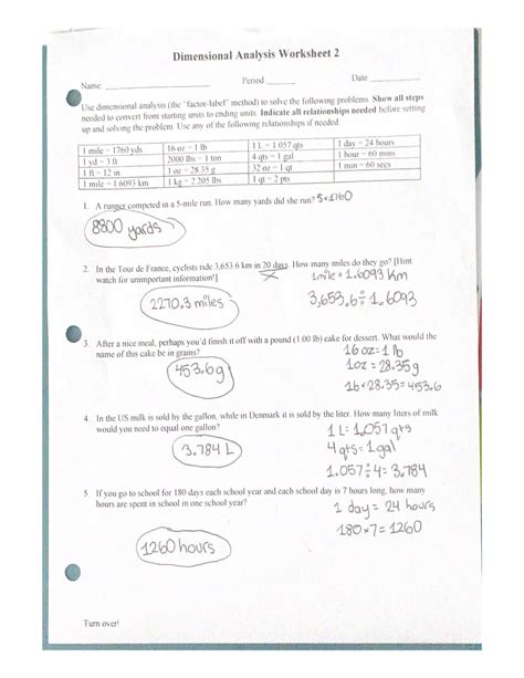 Practice - Dimensional Analysis (Single Step) Worksheet 1.0 - Answer Key