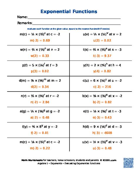 Practice Worksheet Exponential Functions