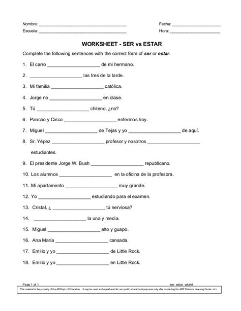 Practice Worksheet Ser Vs Estar