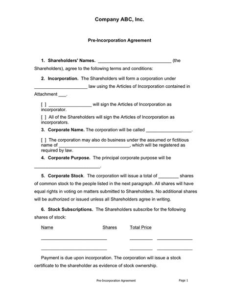 Pre Incorporation Agreement Template
