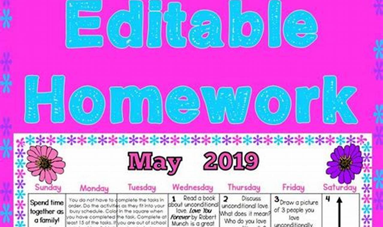Pre K Monthly Homework Calendar