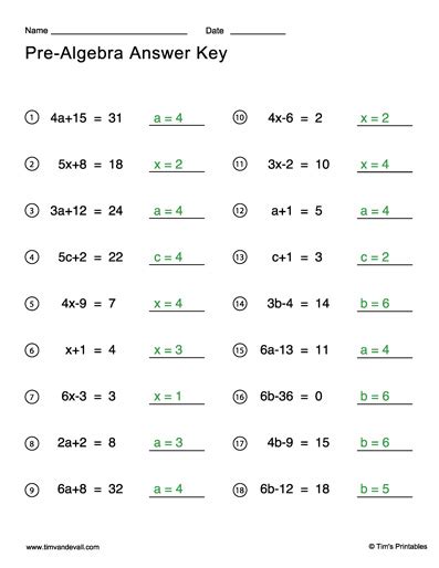 Pre Algebra Free Worksheets