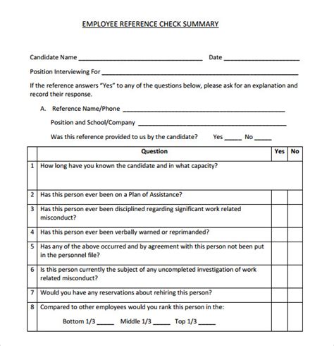 Pre Employment Reference Form Printable Reference Check Questions Template