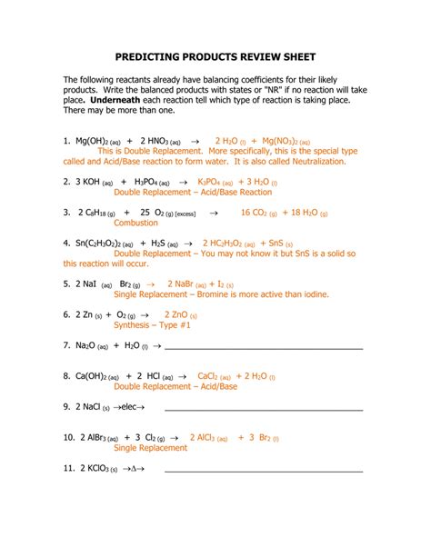 Predicting Products Of Chemical Reactions Worksheet Answer Key