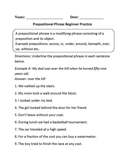 Prepositional Phrase Practice Worksheet