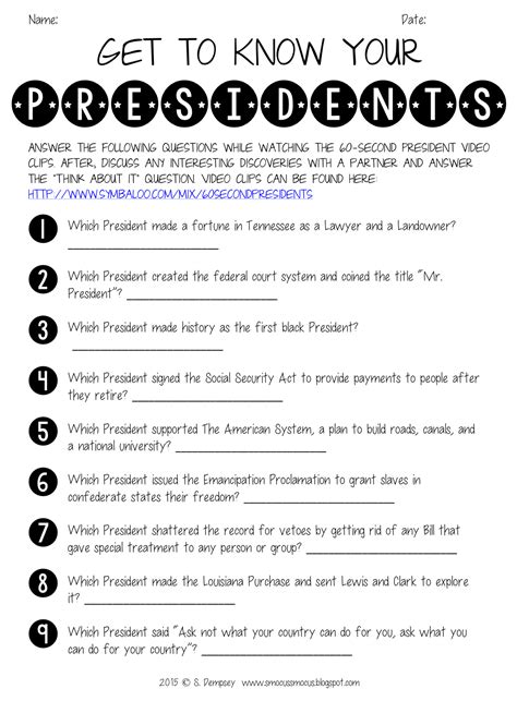 Presidential Fun Facts Worksheet