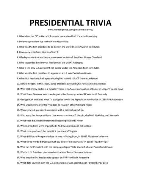Presidents Day Trivia Questions And Answers Printable