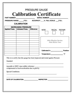 Pressure Gauge Calibration Certificate Template