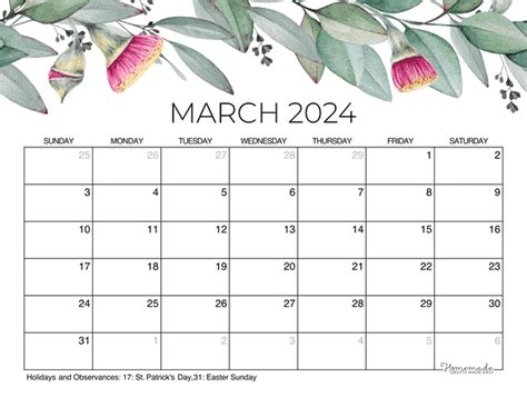 Pretty March Calendar