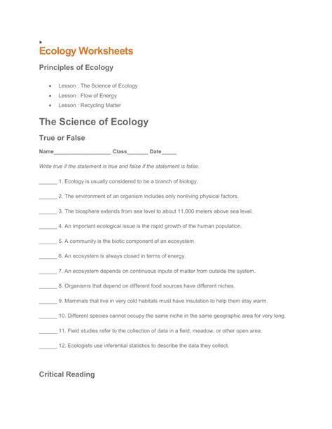 Principles Of Ecology Worksheet