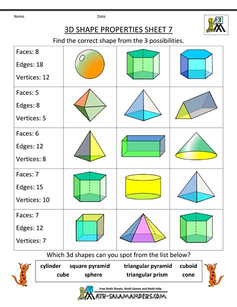 Printable 3D Shapes Worksheets For Grade 3