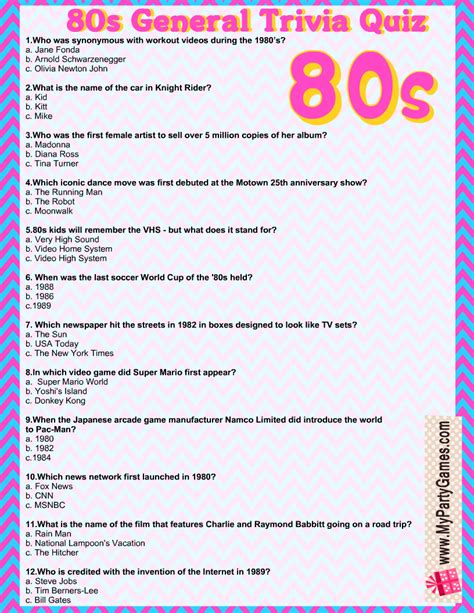 Printable 80s Trivia Questions And Answers