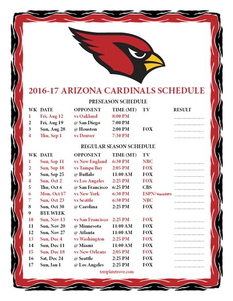 Printable Arizona Cardinals Schedule