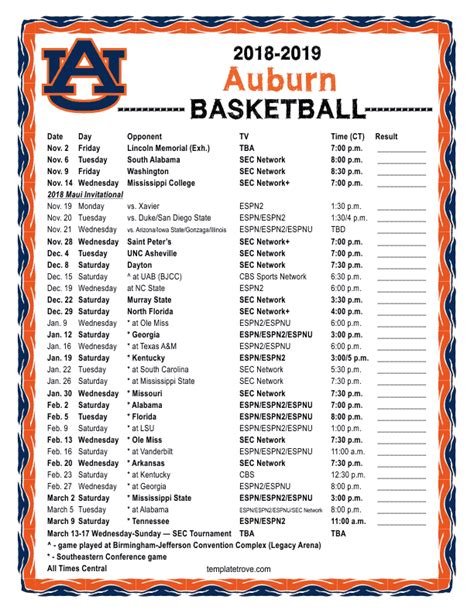 Printable Auburn Basketball Schedule