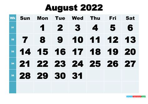 Printable August 2022 Calendar Word