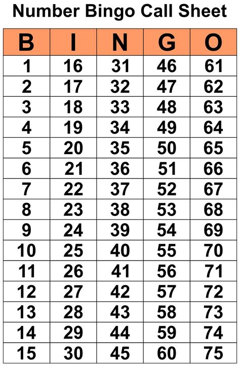 Printable Bingo Calling Numbers