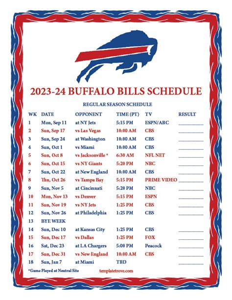 Printable Buffalo Bills Schedule 2023 To 2024