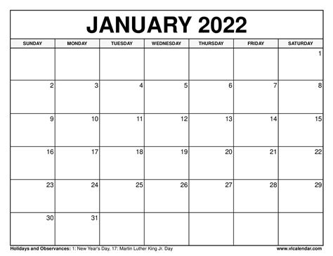 Printable Calendar Jan 2022