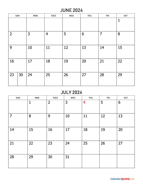 Printable Calendar June And July 2024
