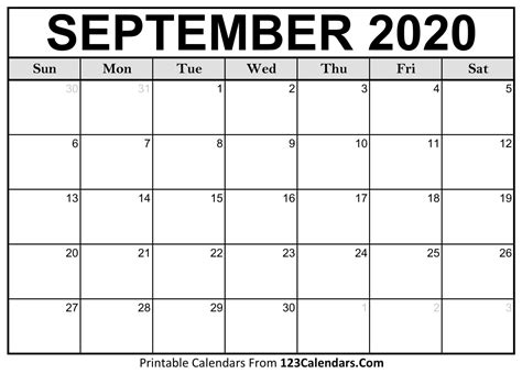 Printable Calendar September 2020
