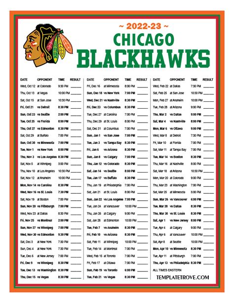Printable Chicago Blackhawks Schedule