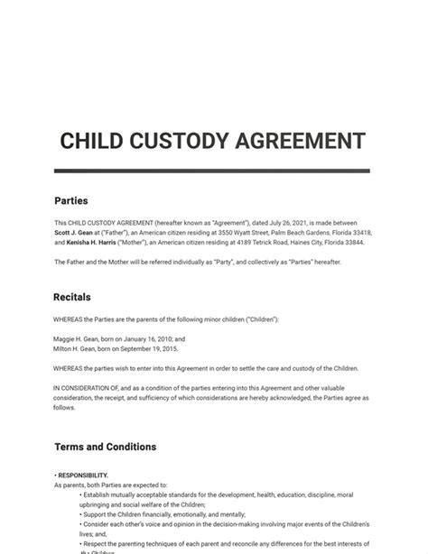 Printable Child Custody Agreement Template